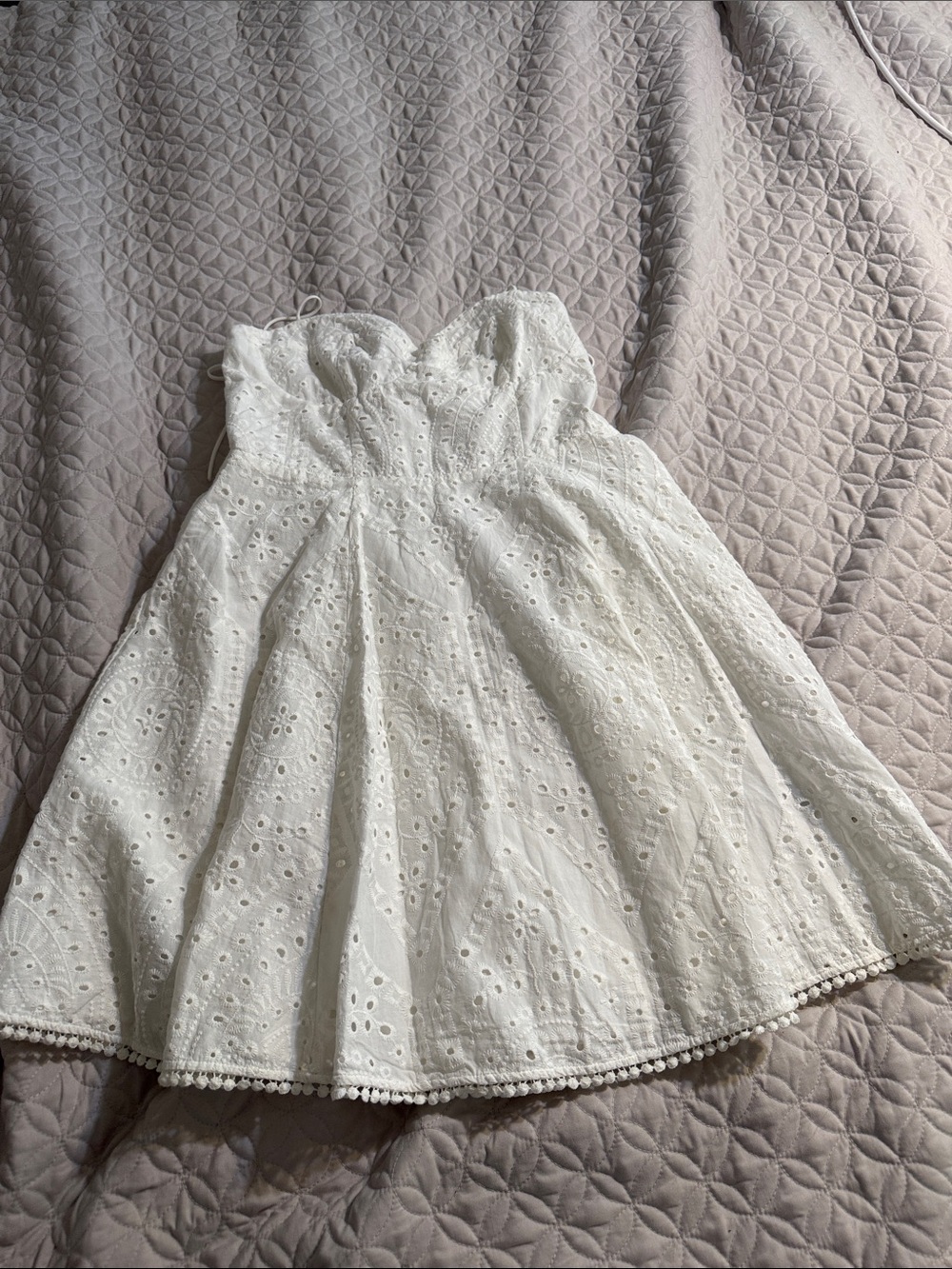 Zara White Strapless Eyelet Sundress with Pom-Pom Hem